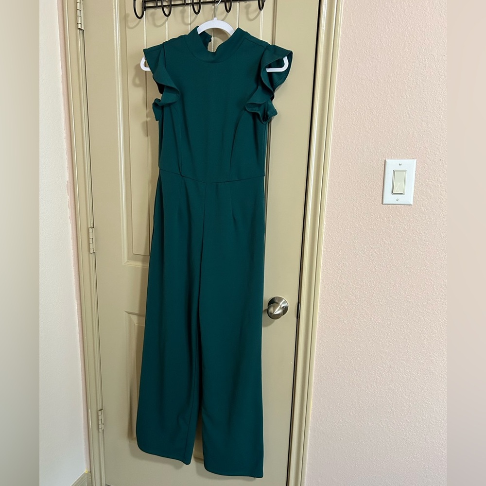 Francesca's Collections Teal/green Ruffle Jumpsuit with pockets. Small.